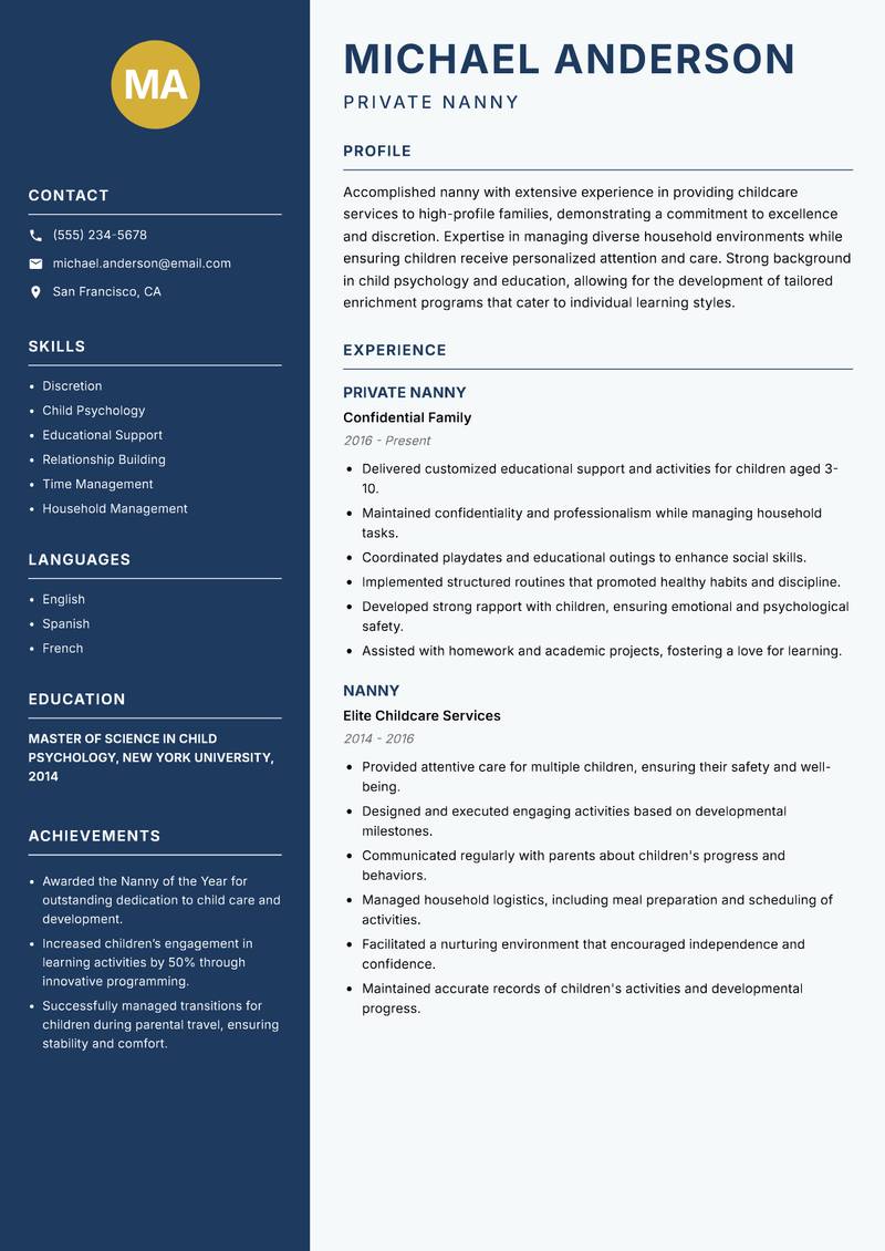 Nanny resume sample — Private Nanny focus