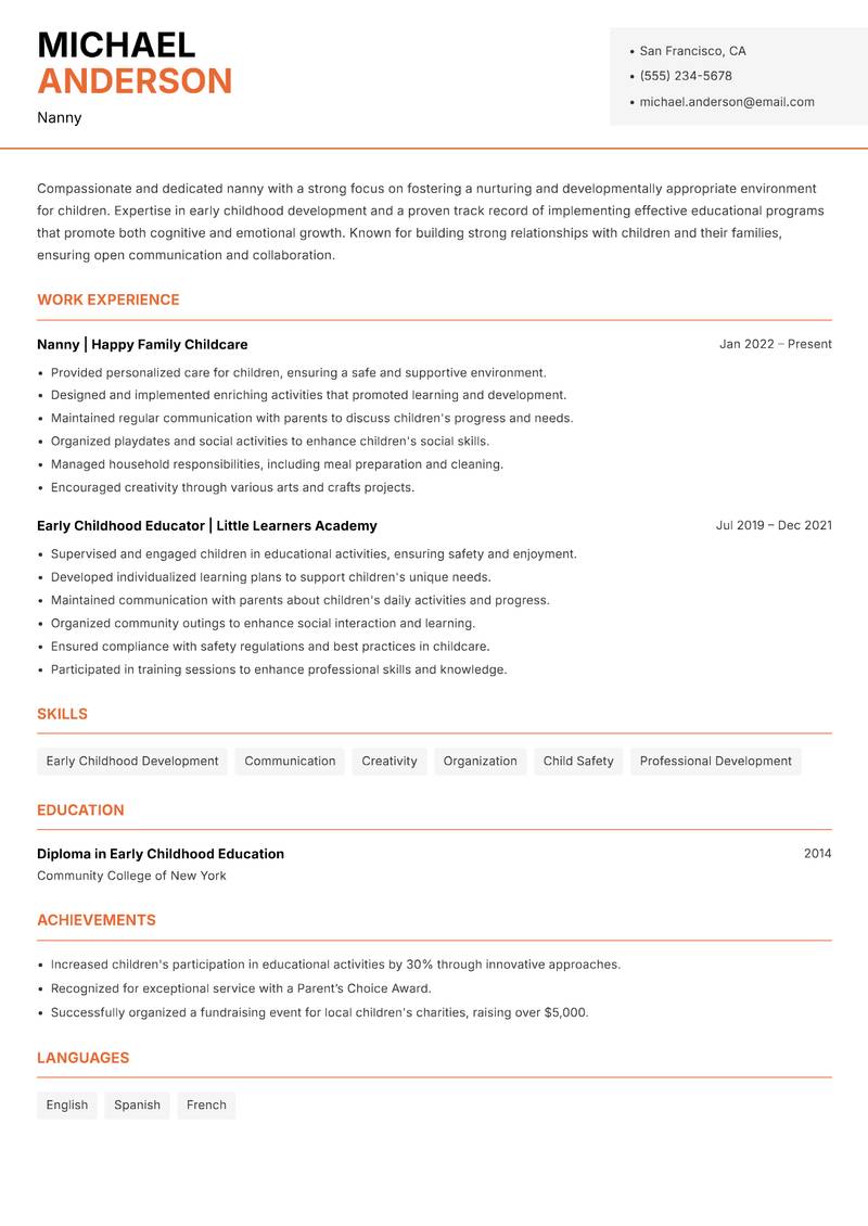 Nanny resume sample — Nanny focus