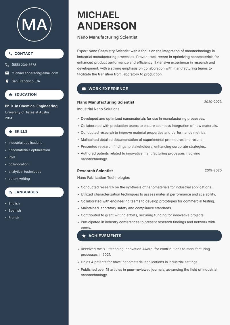 Nano Chemistry Scientist resume sample — Nano Manufacturing Scientist focus