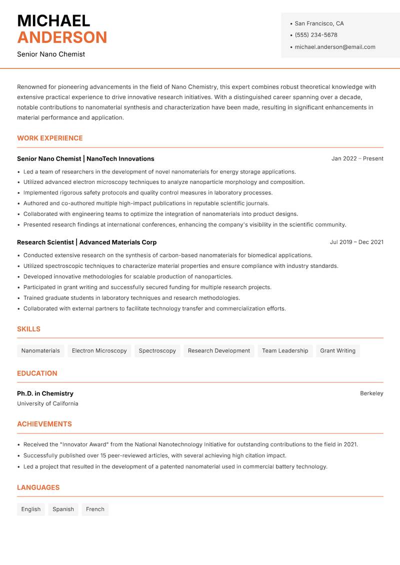 Nano Chemistry Scientist resume sample — Senior Nano Chemist focus
