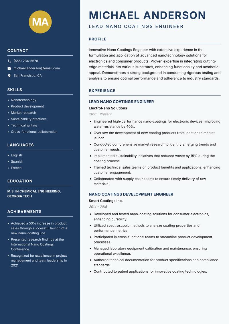 Nano Coatings Engineer resume sample — Lead Nano Coatings Engineer focus