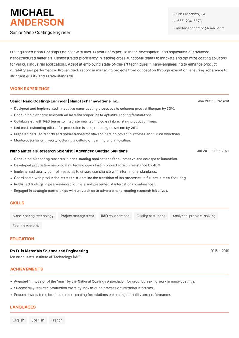 Nano Coatings Engineer resume sample — Senior Nano Coatings Engineer focus