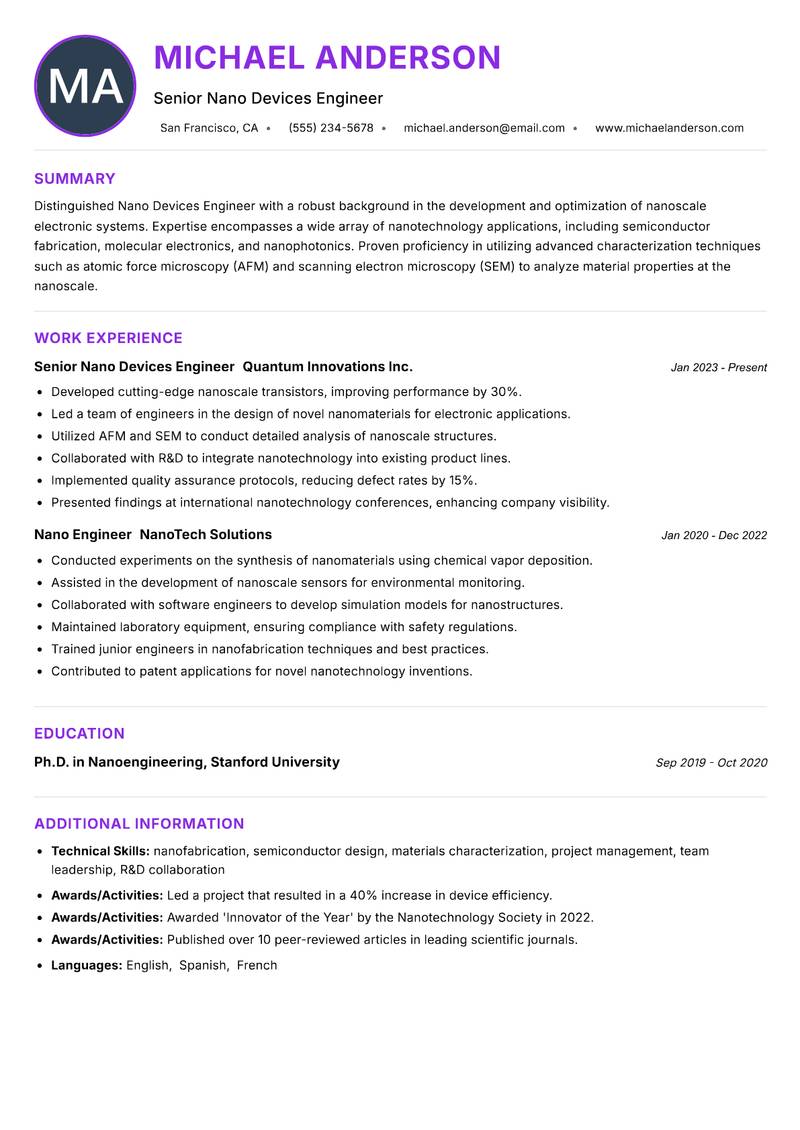 Nano Devices Engineer resume example