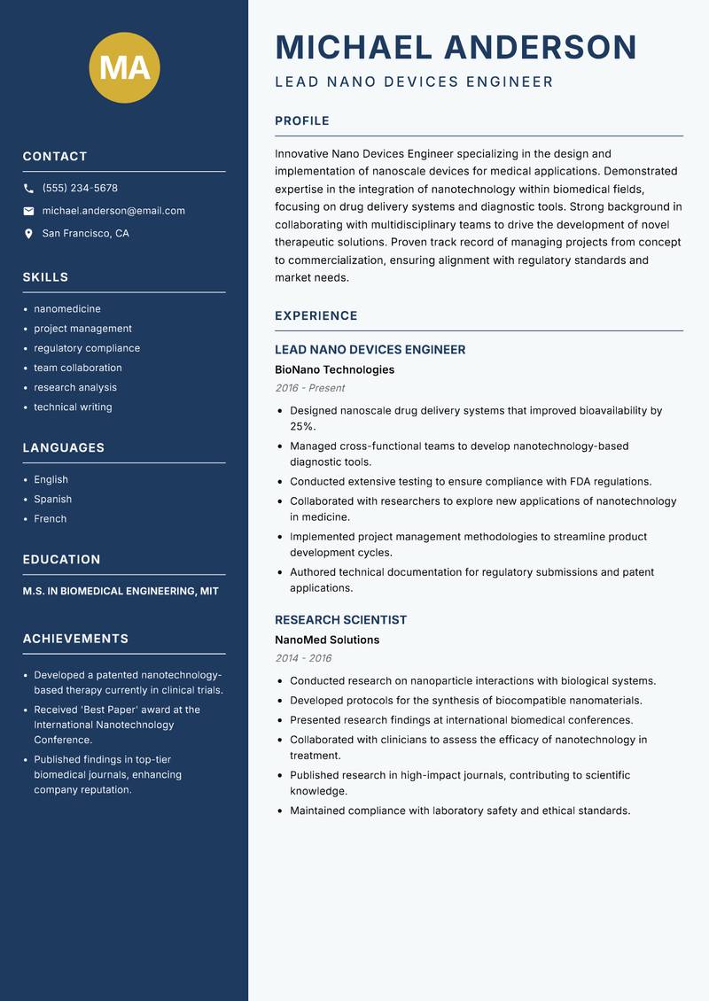 Nano Devices Engineer resume sample — Lead Nano Devices Engineer focus