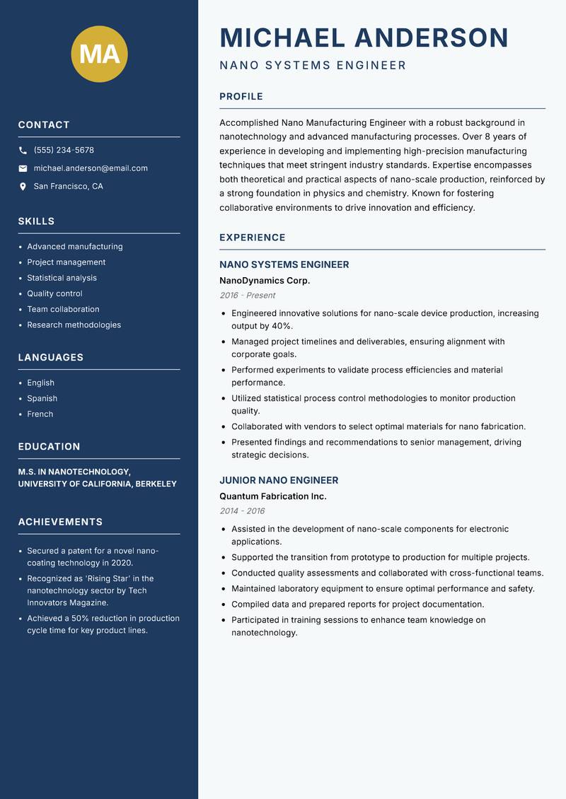 Nano Manufacturing Engineer resume sample — Nano Systems Engineer focus