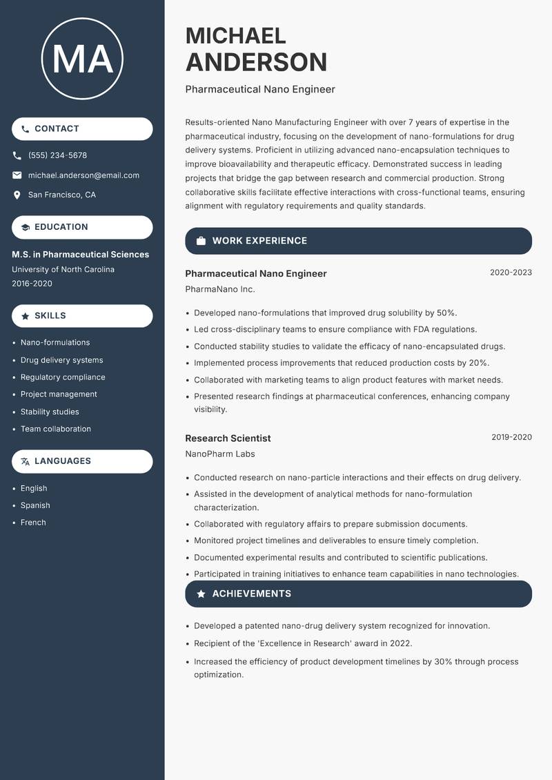 Nano Manufacturing Engineer resume sample — Pharmaceutical Nano Engineer focus