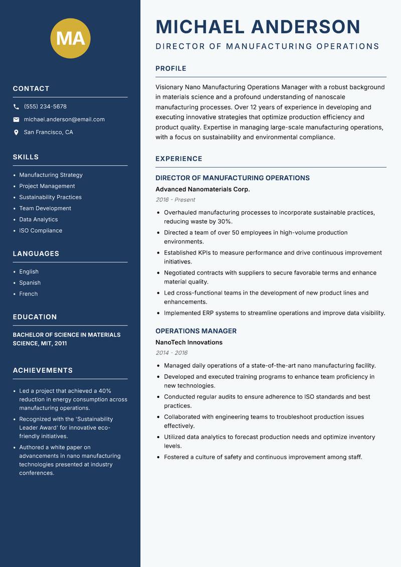 Nano Manufacturing Operations Manager resume sample — Director of Manufacturing Operations focus
