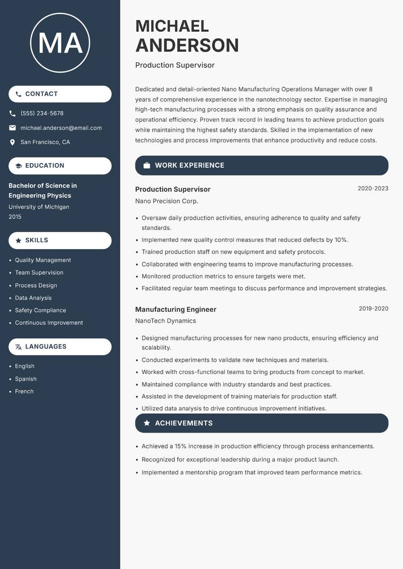 Nano Manufacturing Operations Manager resume sample — Production Supervisor focus