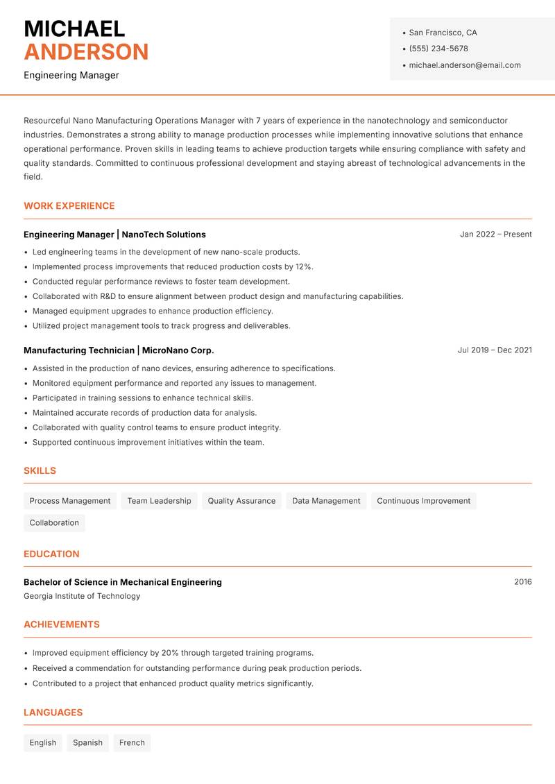 Nano Manufacturing Operations Manager resume sample — Engineering Manager focus