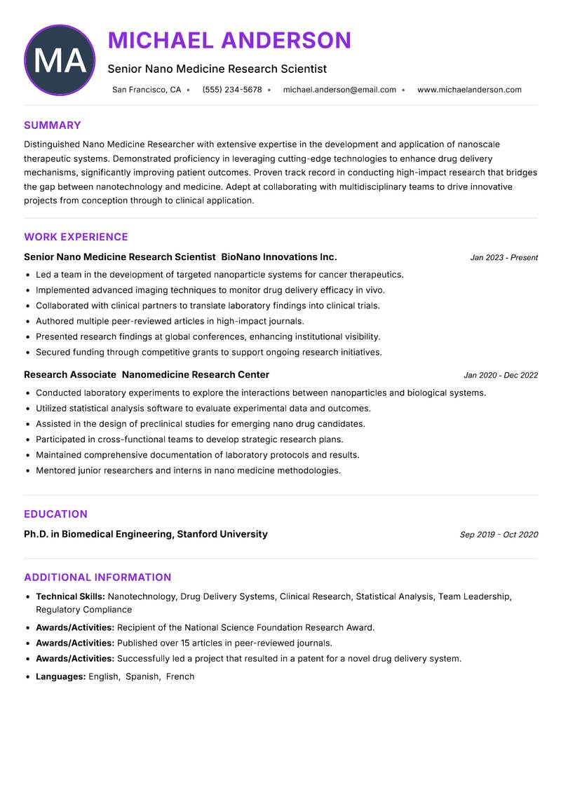 Nano Medicine Researcher resume example