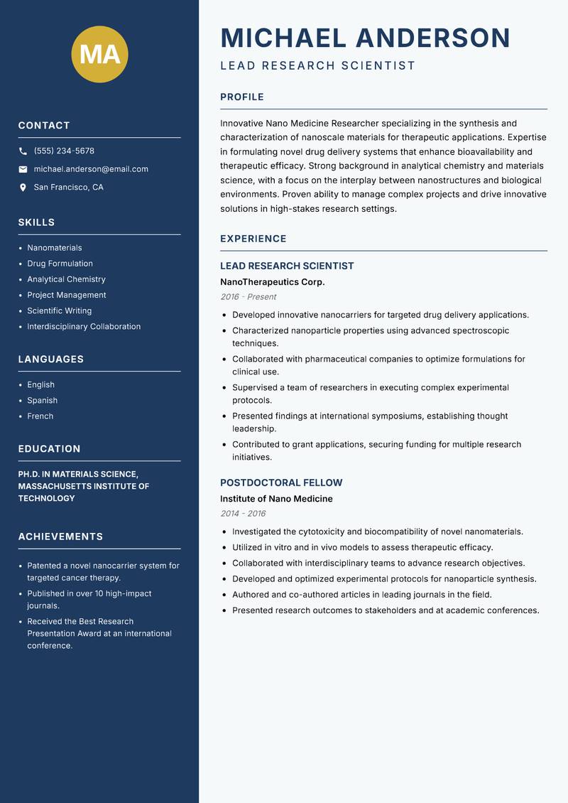 Nano Medicine Researcher resume sample — Lead Research Scientist focus
