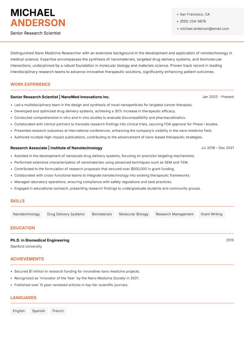 Nano Medicine Researcher resume sample — Senior Research Scientist focus