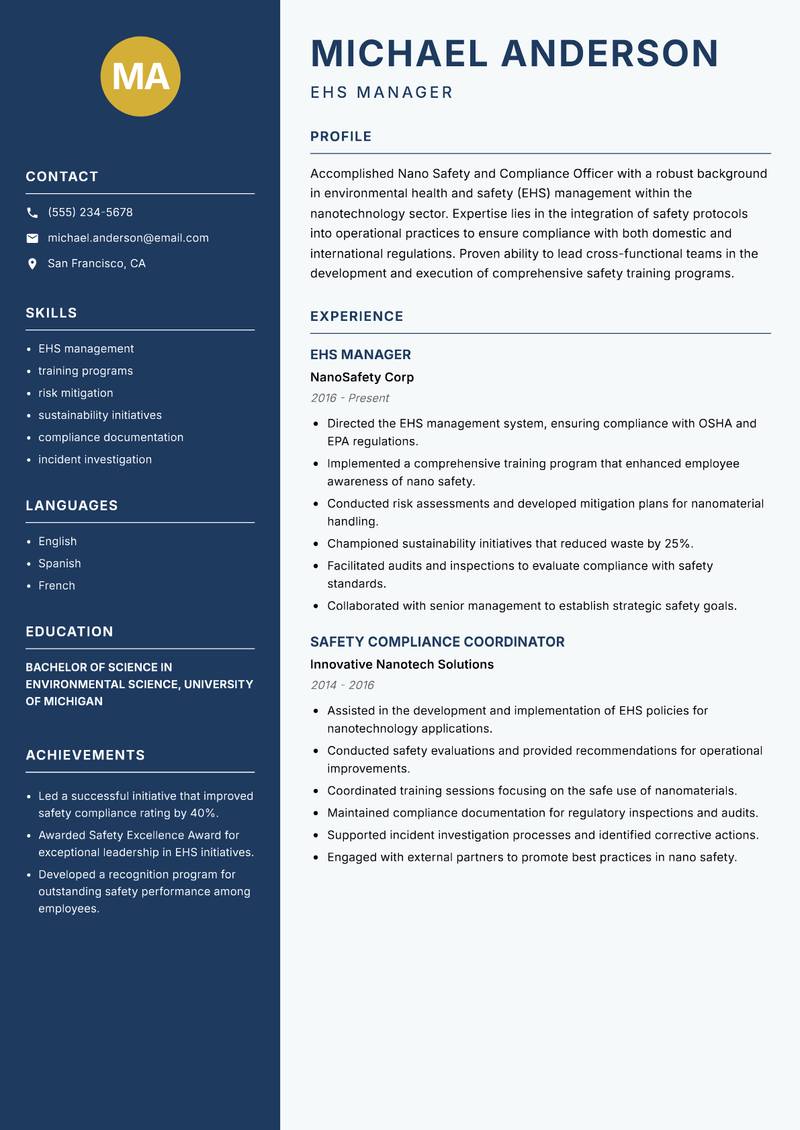 Nano Safety and Compliance Officer resume sample — EHS Manager focus