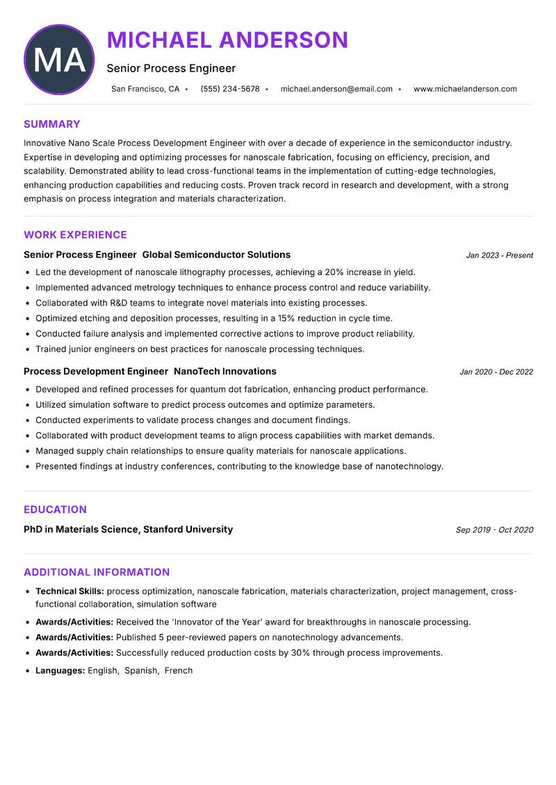 Nano Scale Process Development Engineer resume example