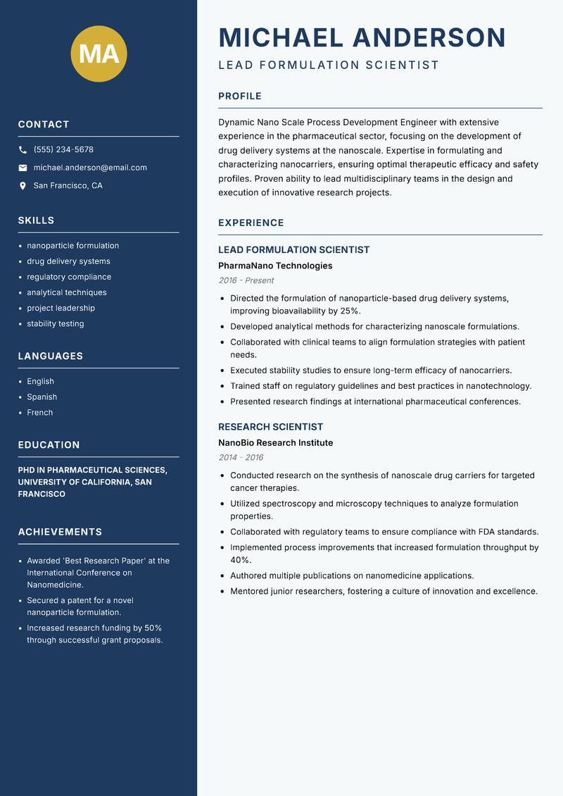 Nano Scale Process Development Engineer resume sample — Lead Formulation Scientist focus