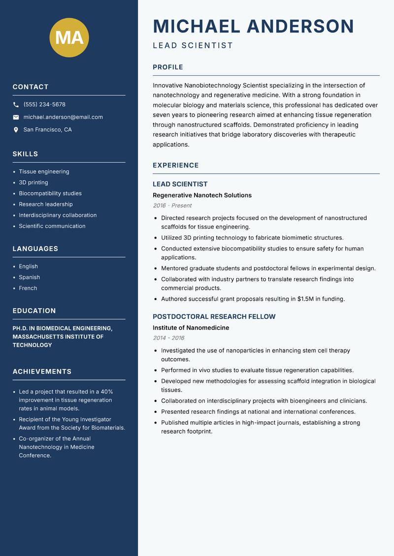Nanobiotechnology Scientist resume sample — Lead Scientist focus