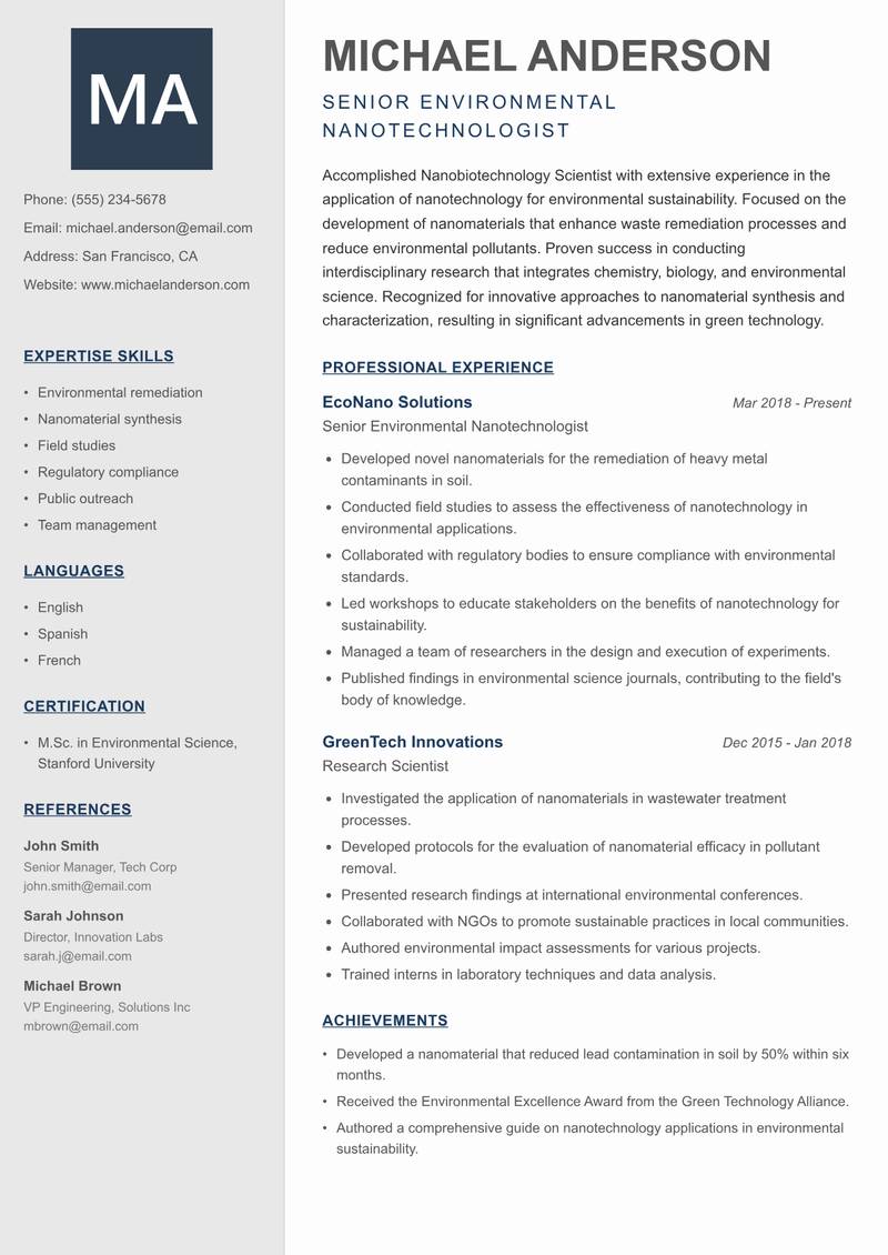 Nanobiotechnology Scientist resume sample — Senior Environmental Nanotechnologist focus