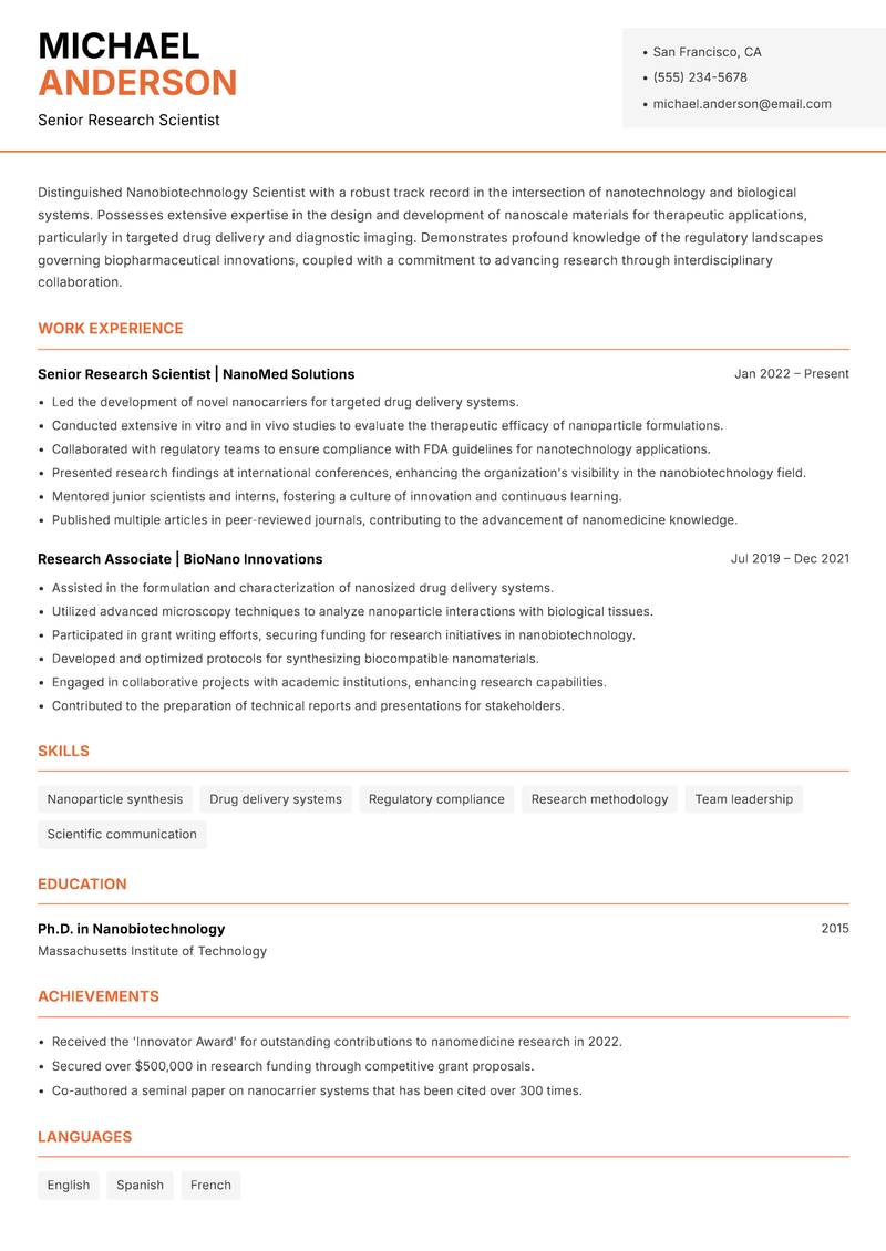 Nanobiotechnology Scientist resume sample — Senior Research Scientist focus