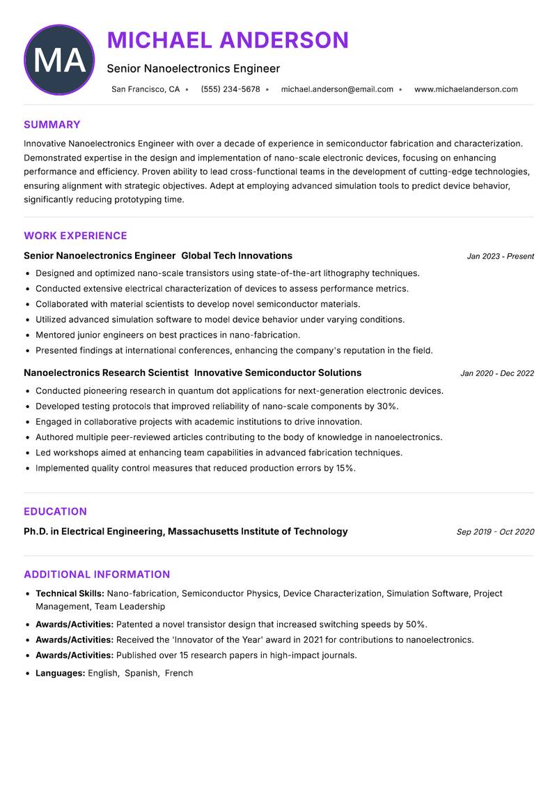 Nanoelectronics Engineer resume example