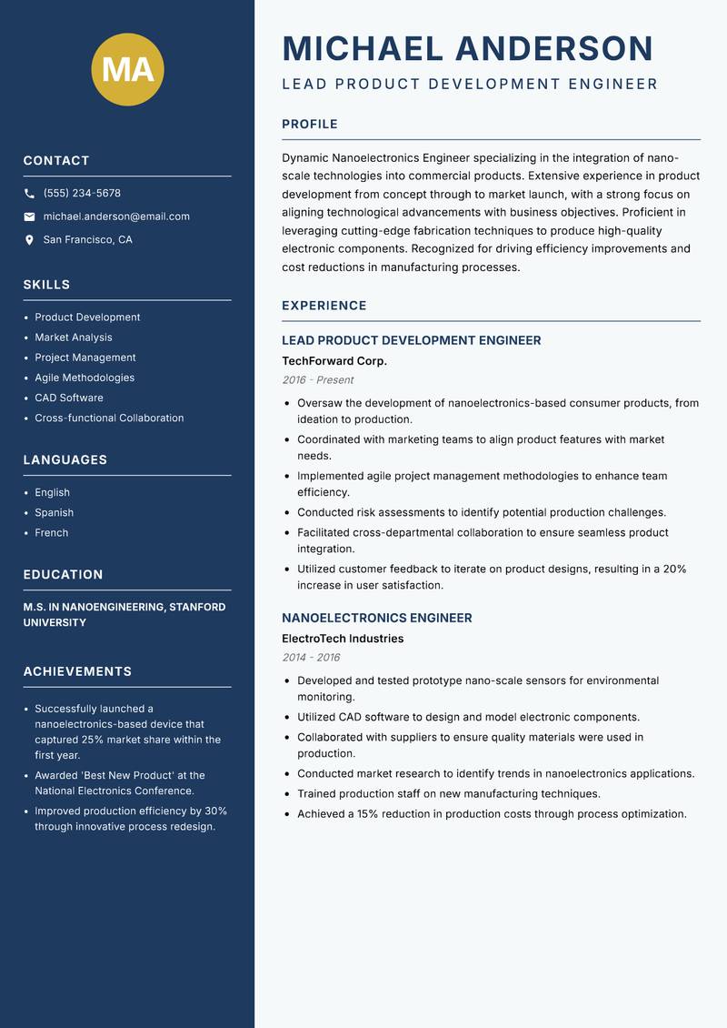 Nanoelectronics Engineer resume sample — Lead Product Development Engineer focus