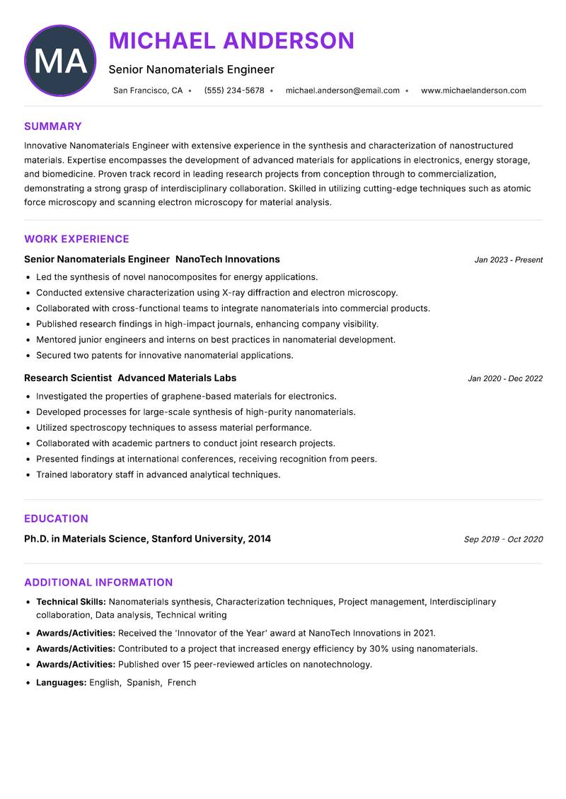 Nanomaterials Engineer resume example