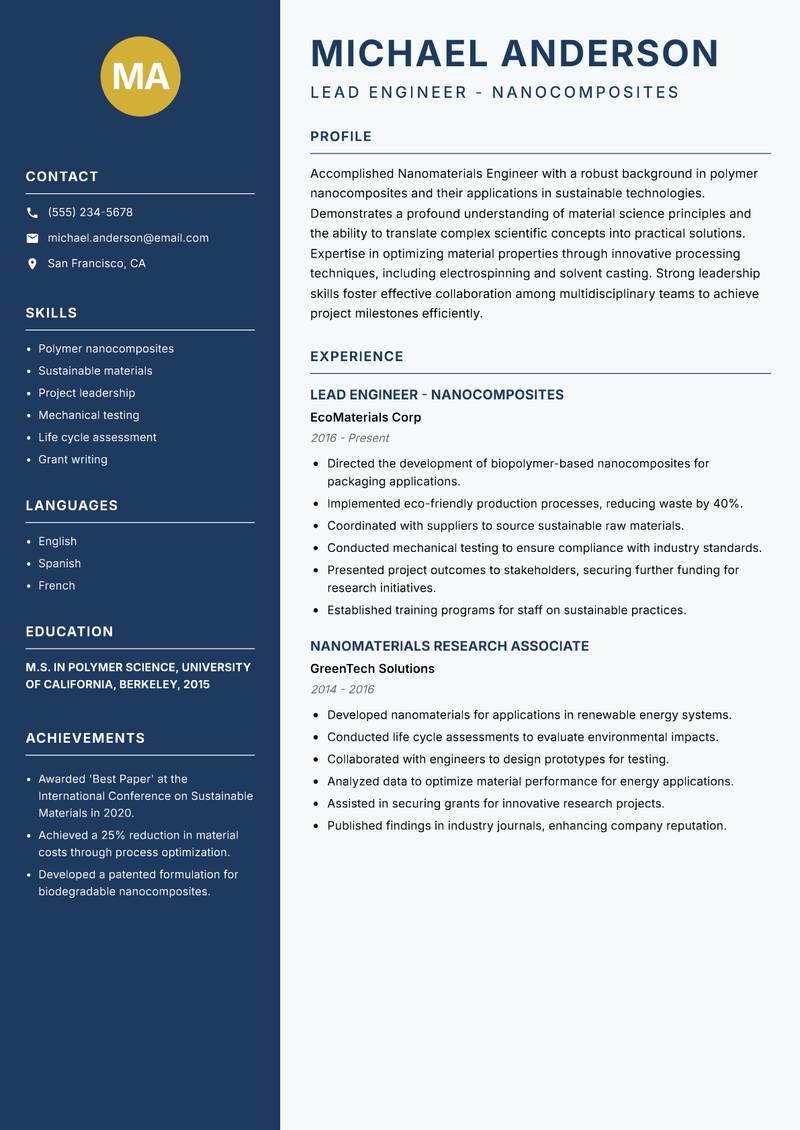 Nanomaterials Engineer resume sample — Lead Engineer - Nanocomposites focus