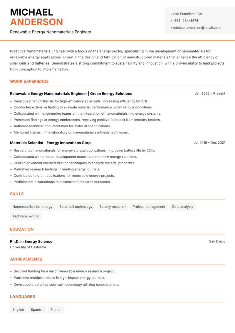 Nanomaterials Engineer resume sample — Renewable Energy Nanomaterials Engineer focus