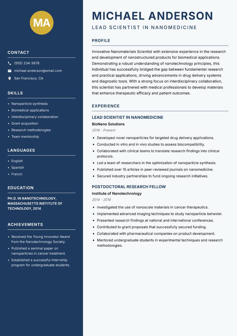 Nanomaterials Scientist resume sample — Lead Scientist in Nanomedicine focus