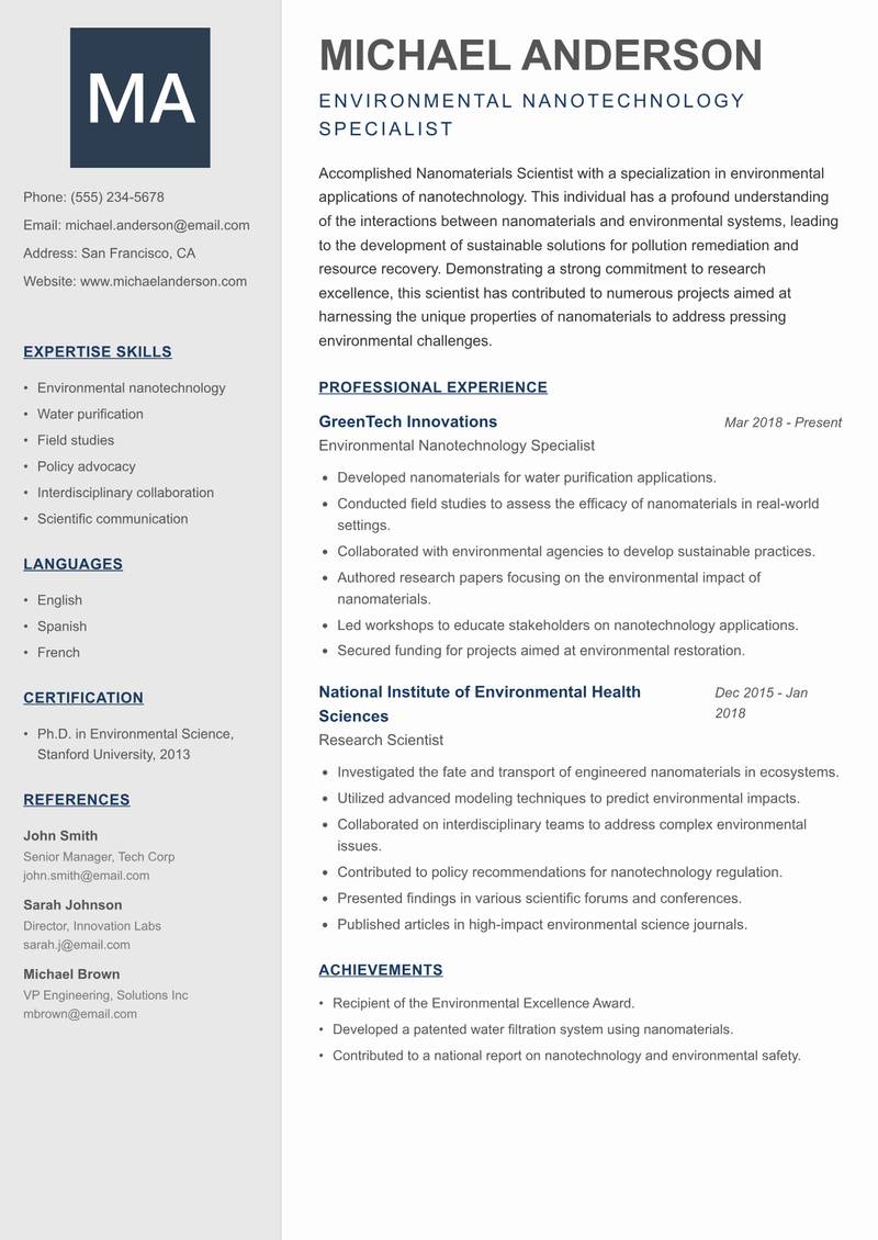 Nanomaterials Scientist resume sample — Environmental Nanotechnology Specialist focus