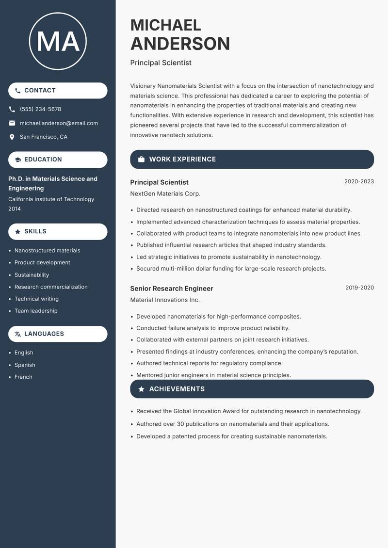 Nanomaterials Scientist resume sample — Principal Scientist focus