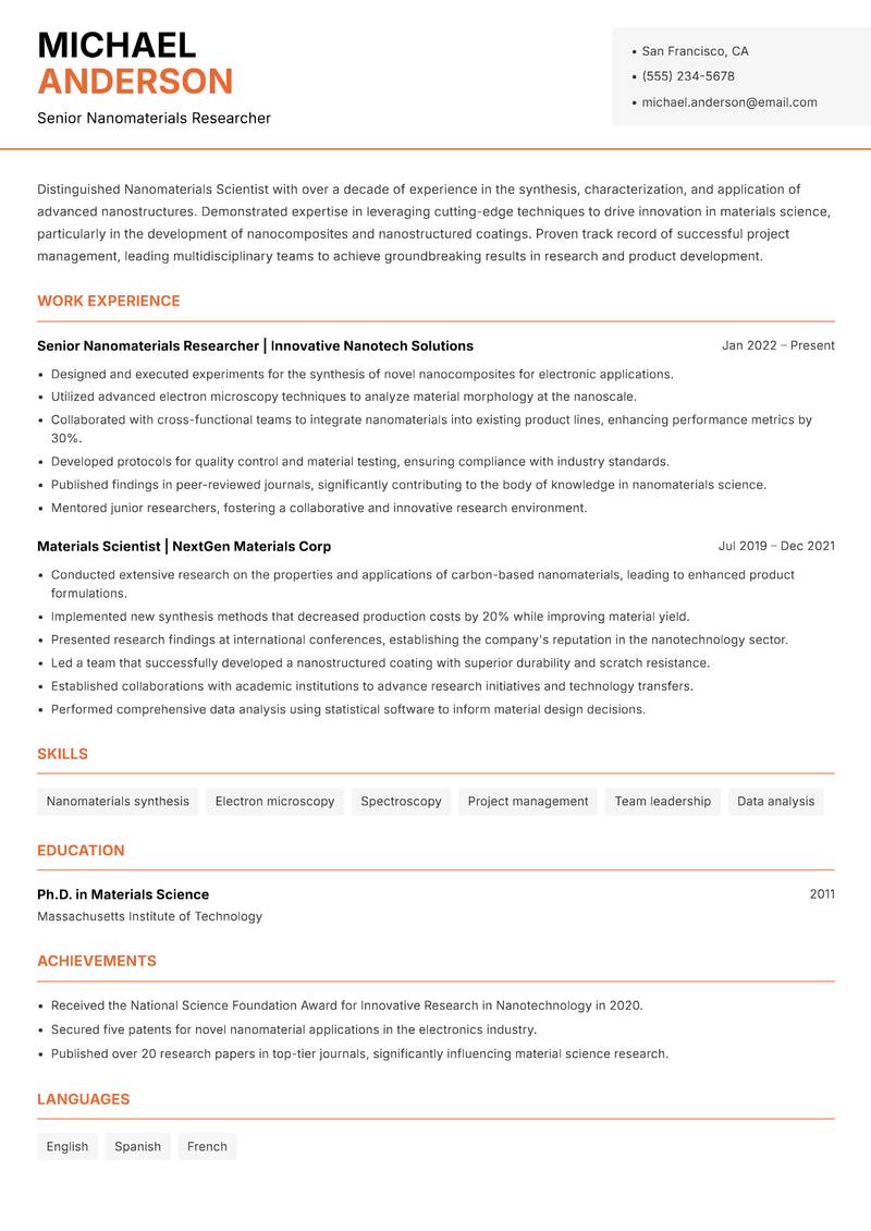 Nanomaterials Scientist resume sample — Senior Nanomaterials Researcher focus