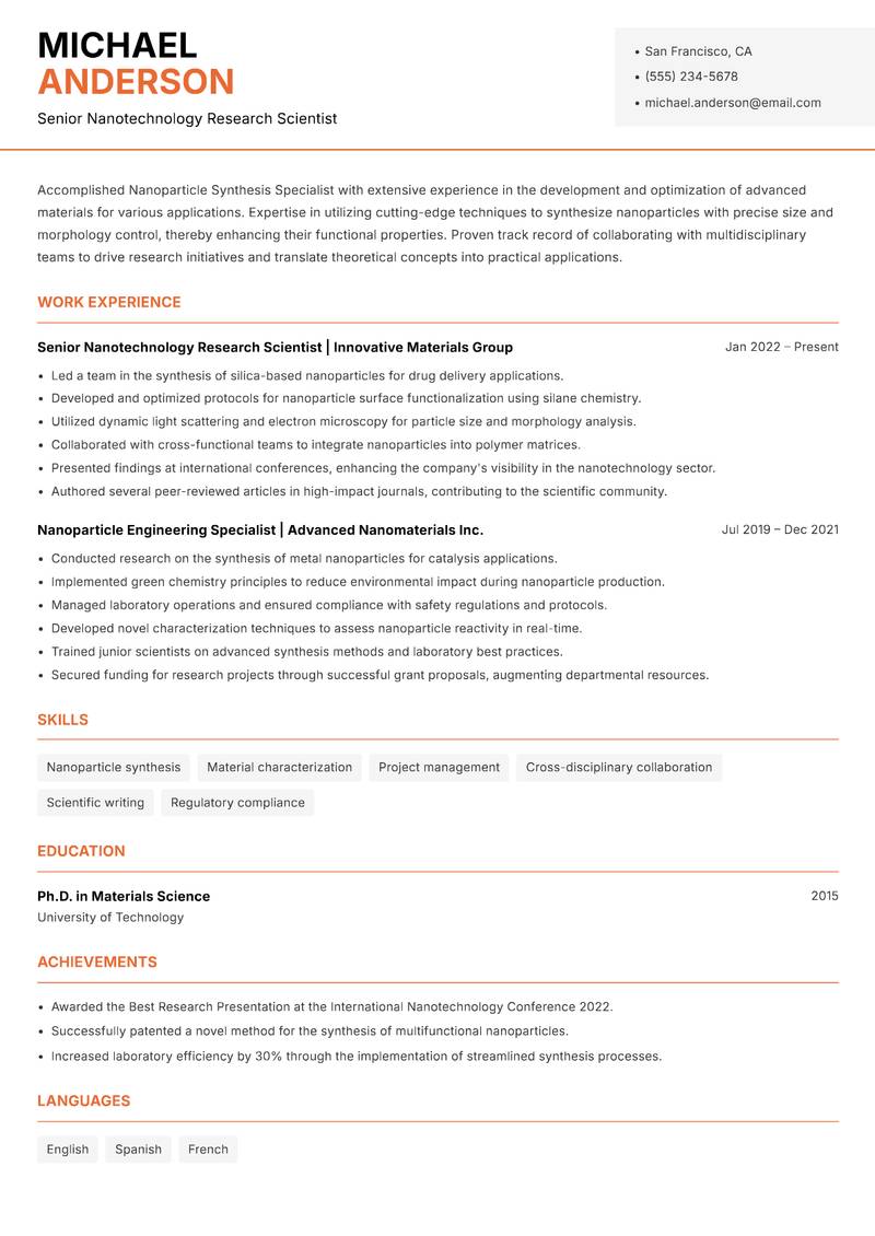 Nanoparticle Synthesis Specialist resume sample — Senior Nanotechnology Research Scientist focus