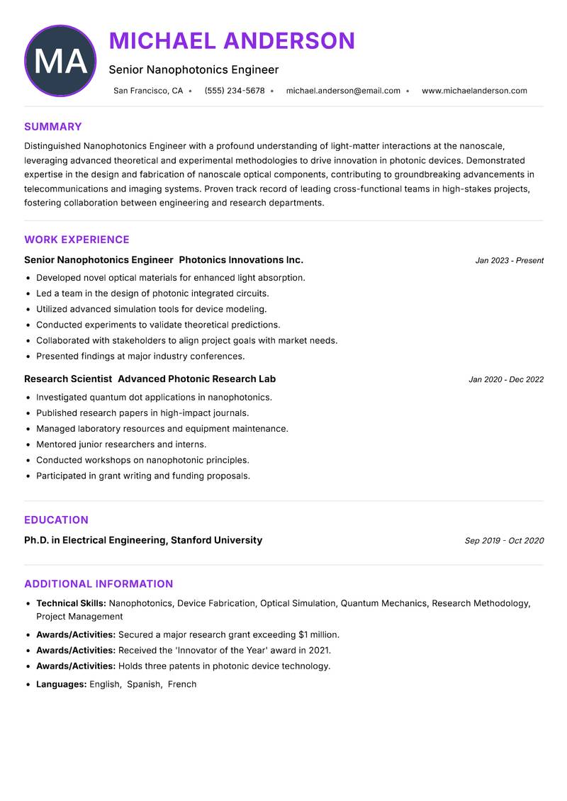 Nanophotonics Engineer resume example