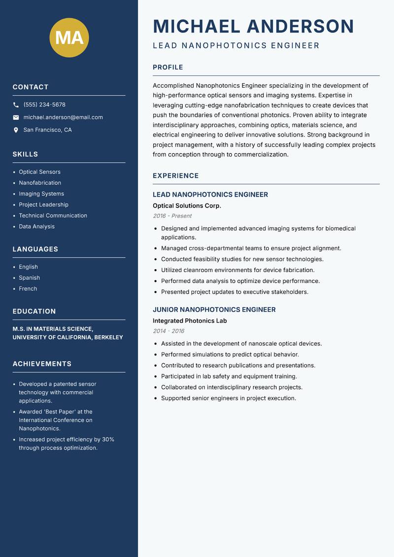 Nanophotonics Engineer resume sample — Lead Nanophotonics Engineer focus