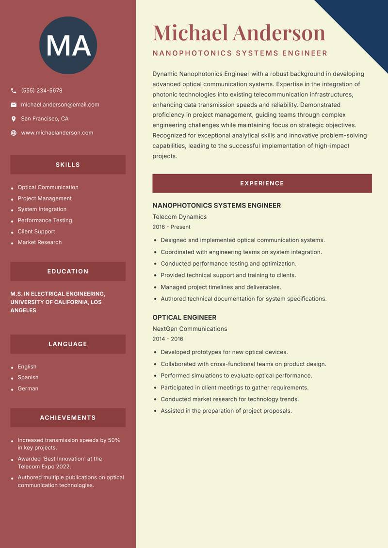 Nanophotonics Engineer resume sample — Nanophotonics Systems Engineer focus