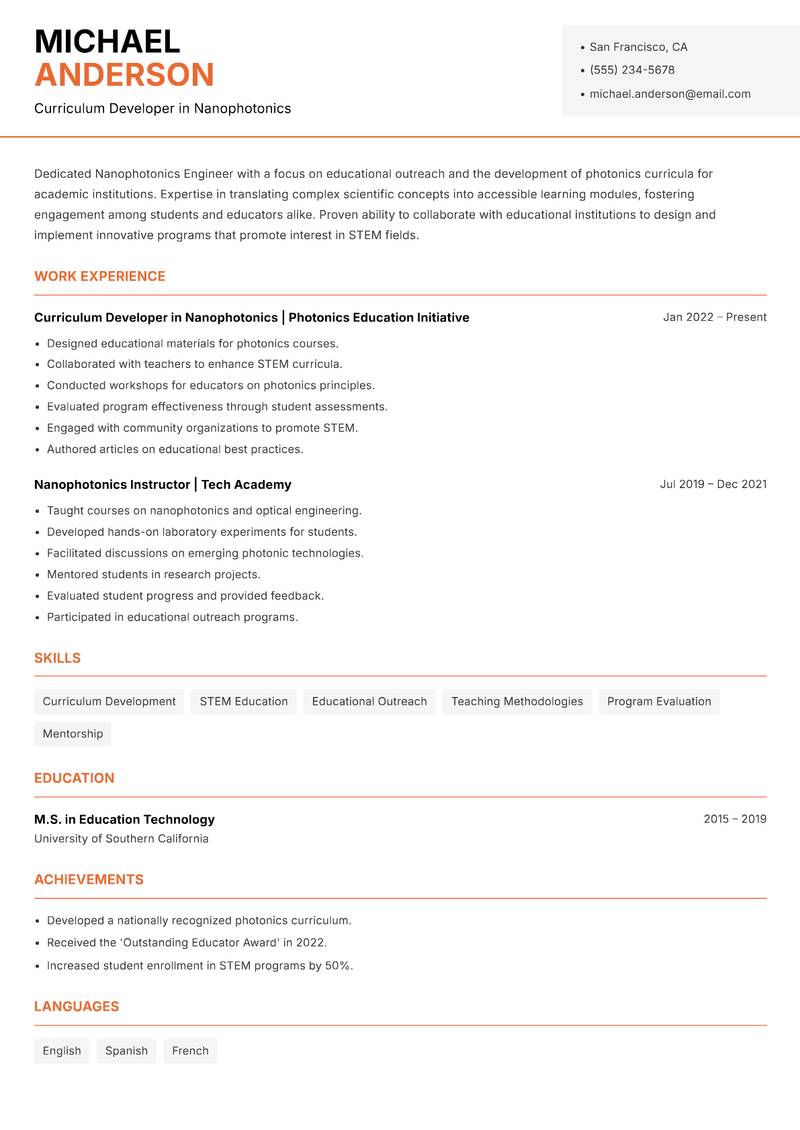 Nanophotonics Engineer resume sample — Curriculum Developer in Nanophotonics focus