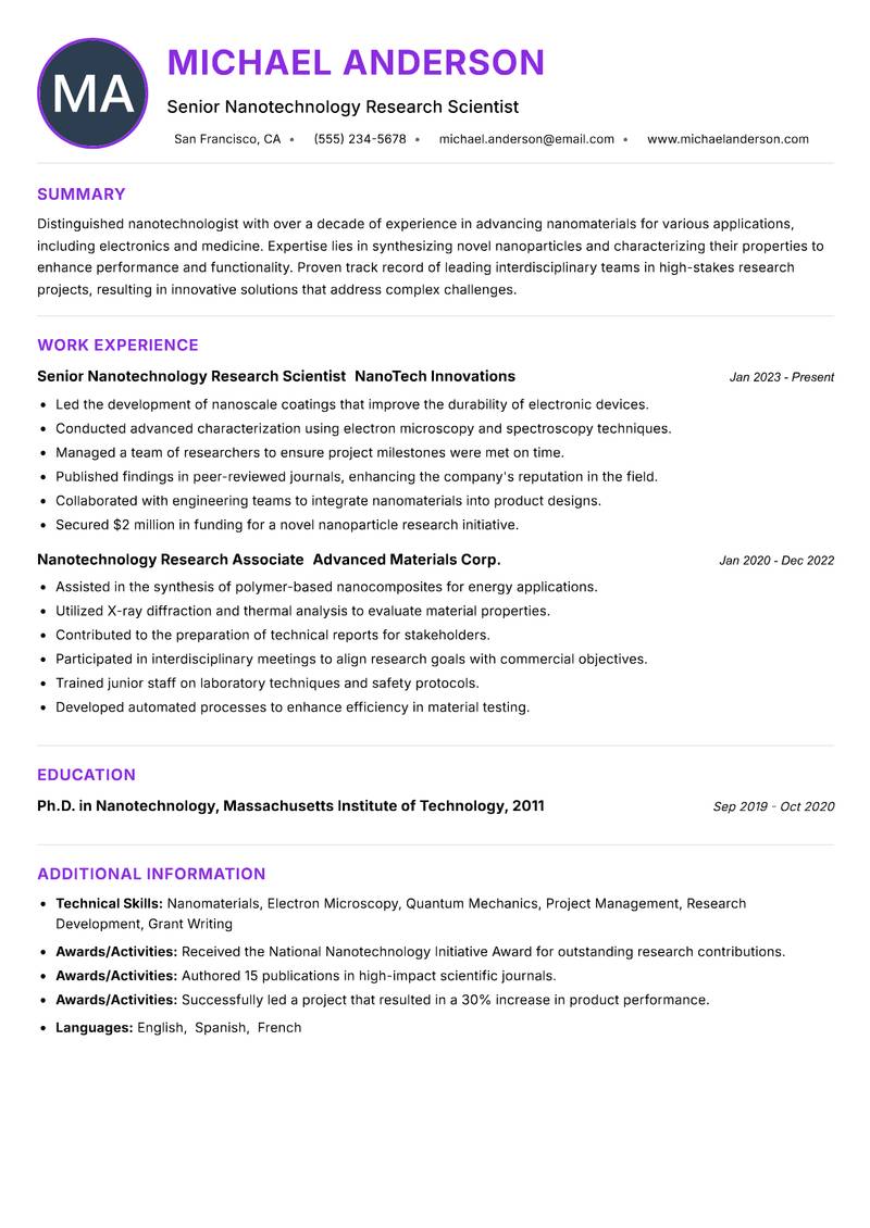 Nanotechnologist resume example