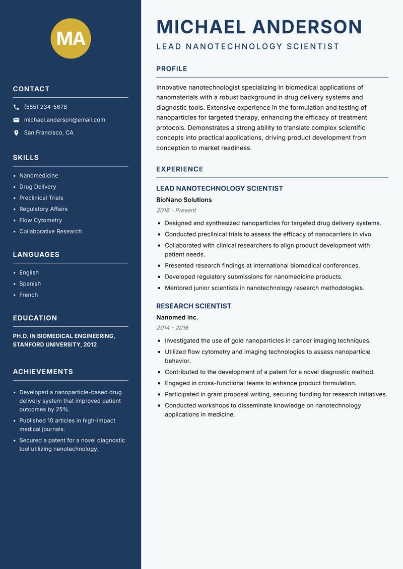 Nanotechnologist resume sample — Lead Nanotechnology Scientist focus