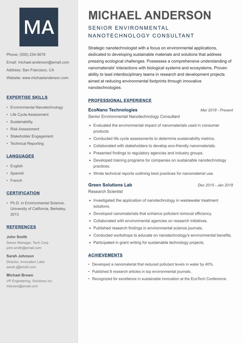 Nanotechnologist resume sample — Senior Environmental Nanotechnology Consultant focus