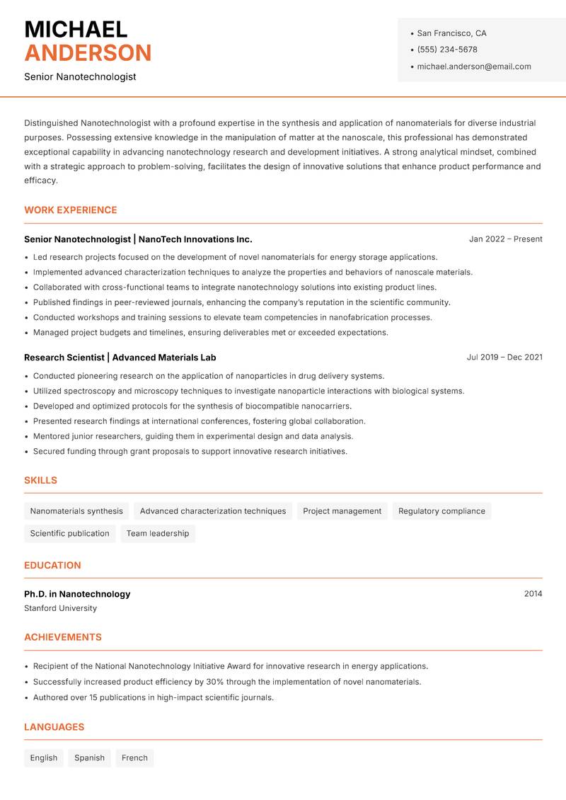 Nanotechnologist resume sample — Senior Nanotechnologist focus