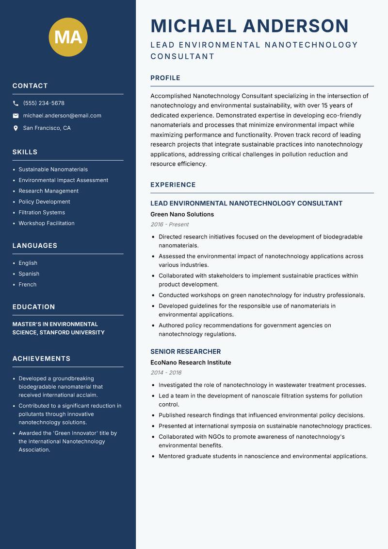 Nanotechnology Consultant resume sample — Lead Environmental Nanotechnology Consultant focus