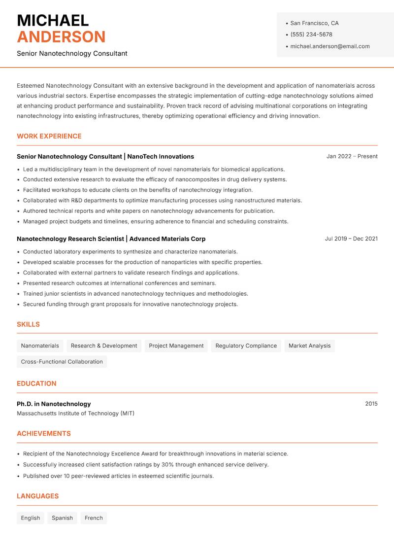 Nanotechnology Consultant resume sample — Senior Nanotechnology Consultant focus
