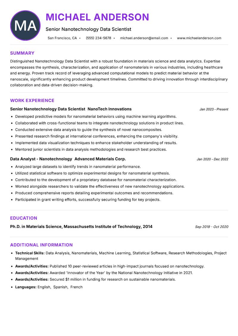 Nanotechnology Data Scientist resume example