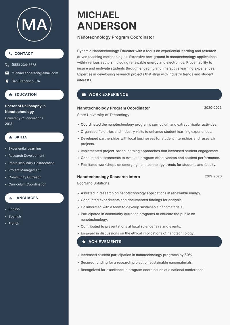 Nanotechnology Educator resume sample — Nanotechnology Program Coordinator focus