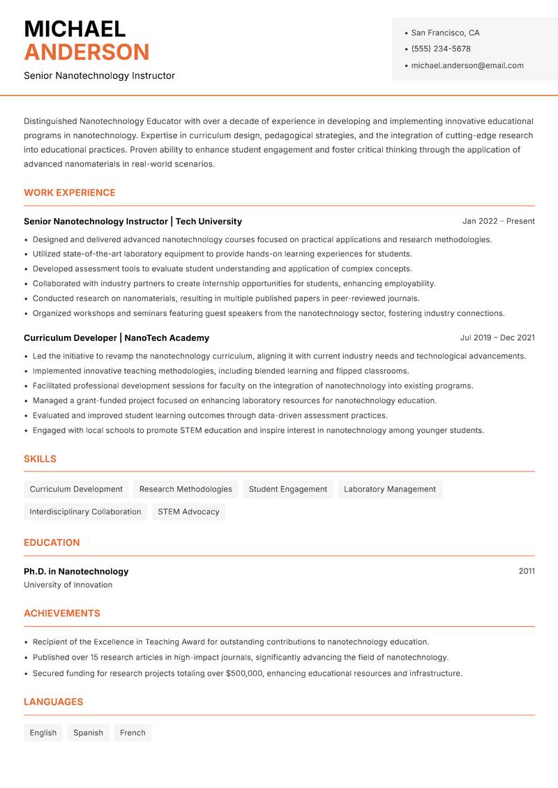 Nanotechnology Educator resume sample — Senior Nanotechnology Instructor focus