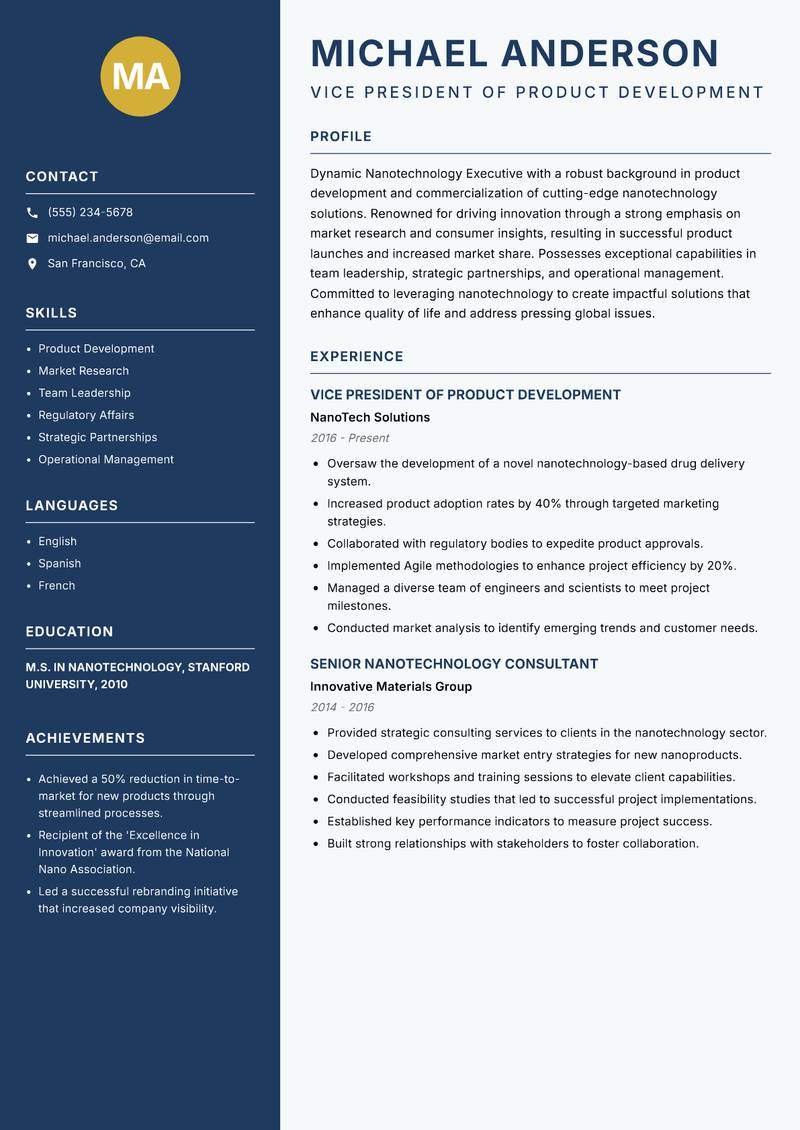 Nanotechnology Executive resume sample — Vice President of Product Development focus