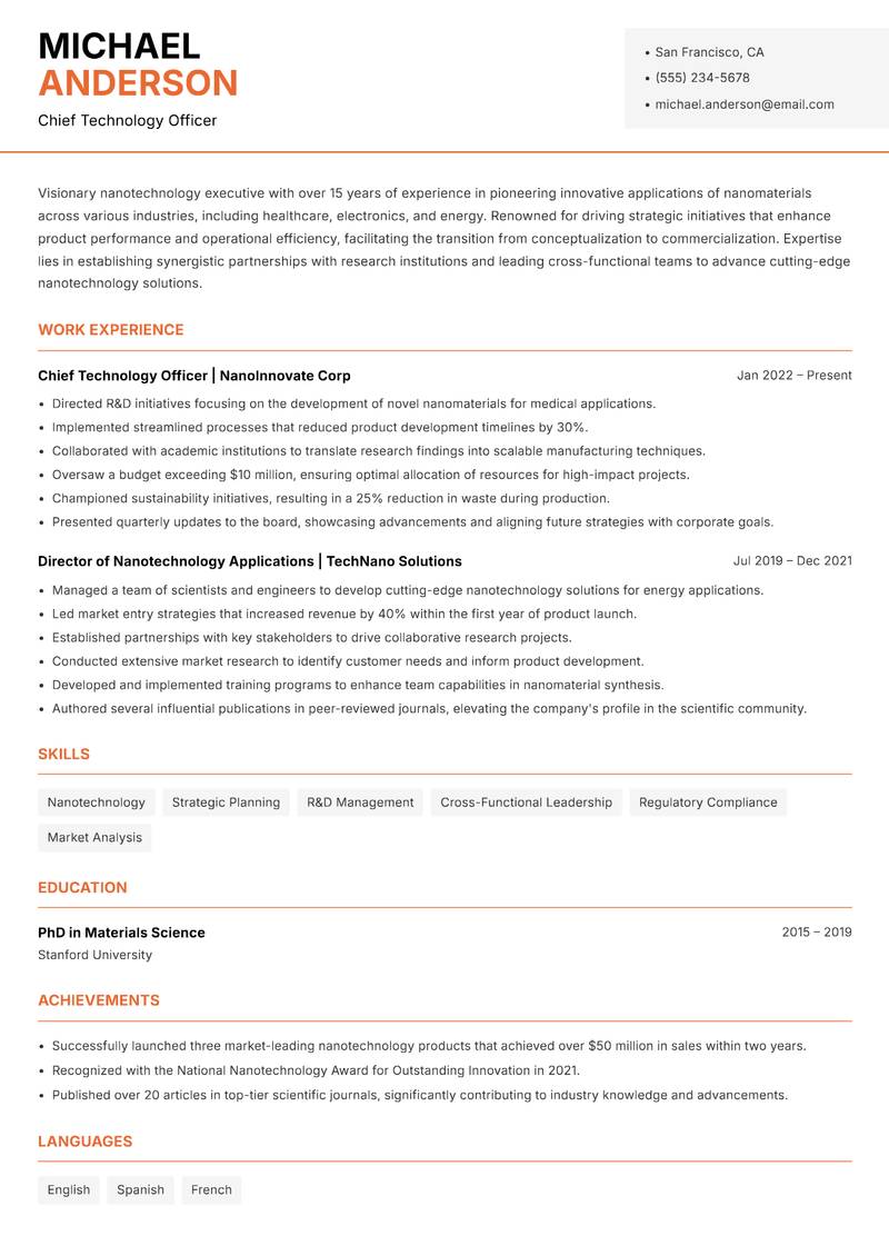 Nanotechnology Executive resume sample — Chief Technology Officer focus