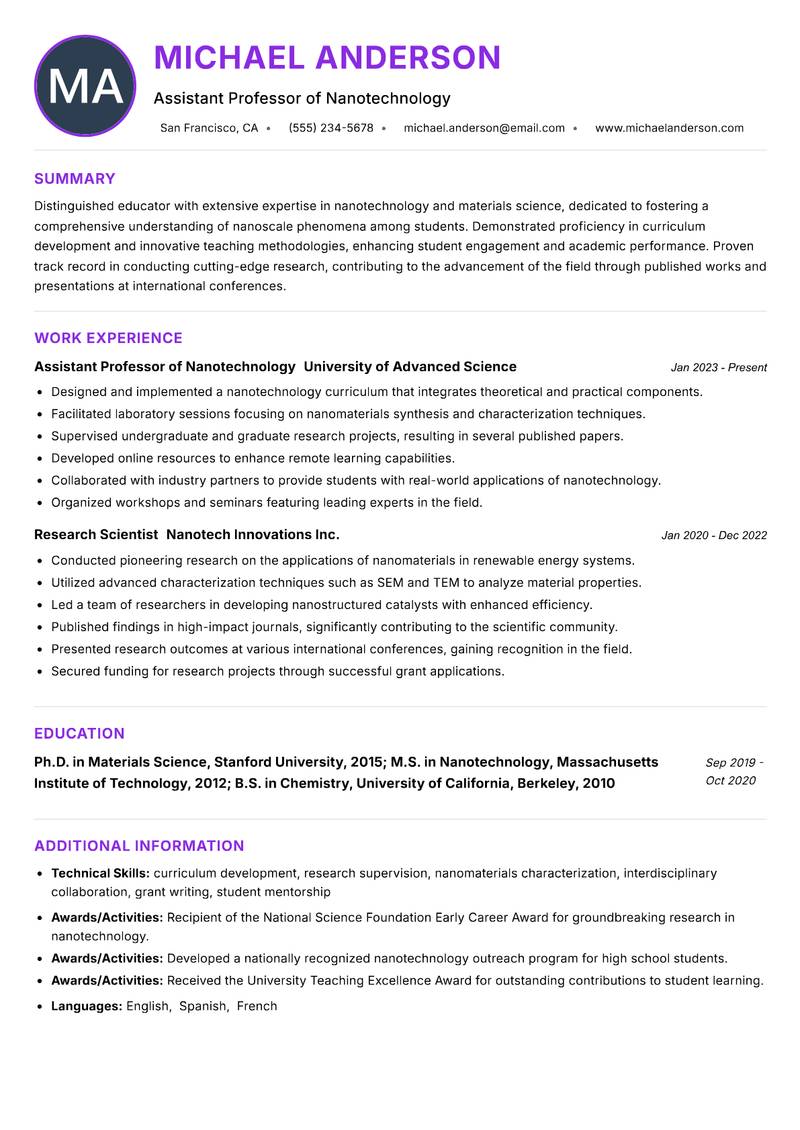Nanotechnology Instructor resume example