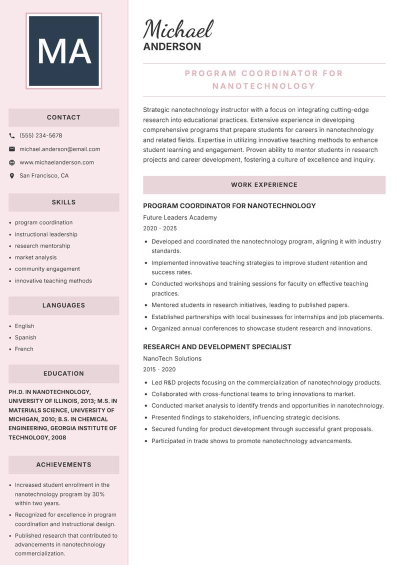 Nanotechnology Instructor resume sample — Program Coordinator for Nanotechnology focus