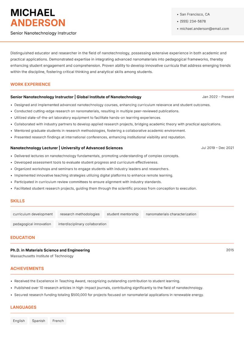 Nanotechnology Instructor resume sample — Senior Nanotechnology Instructor focus